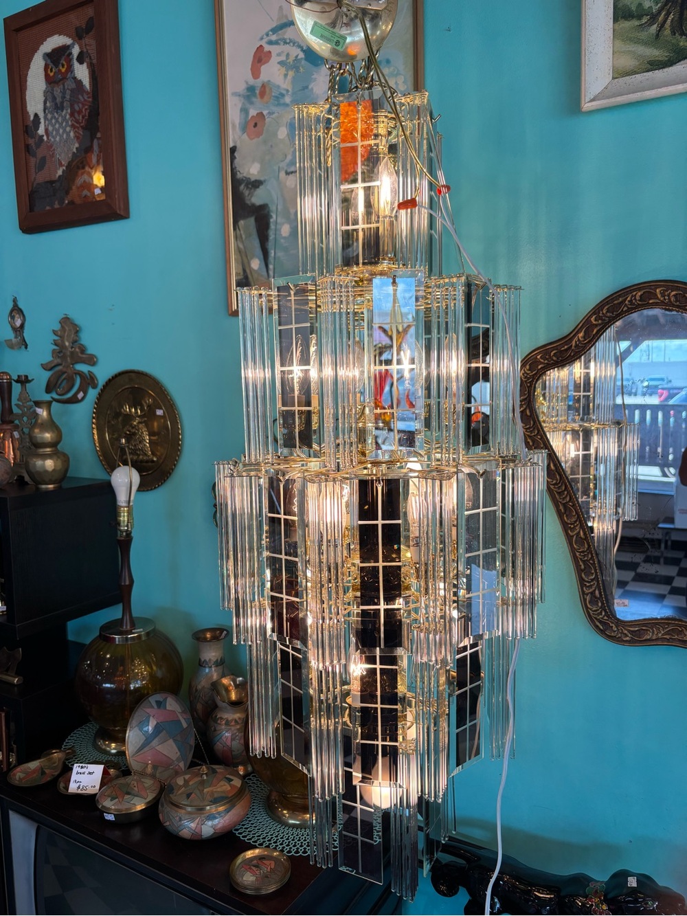 Vintage glass chandelier mirrored glass Rod Panel mid century gold brass